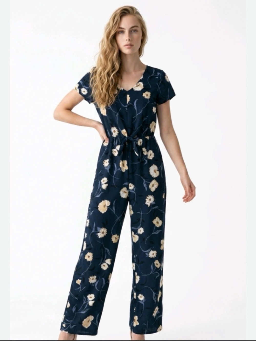 Apt. 9 Navy Floral Knot-Front Jumpsuit S